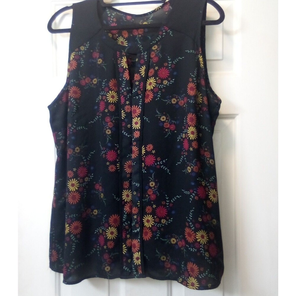 Cable & Gauge Women's Black Floral Sleeveless Blouse Split Neck XL